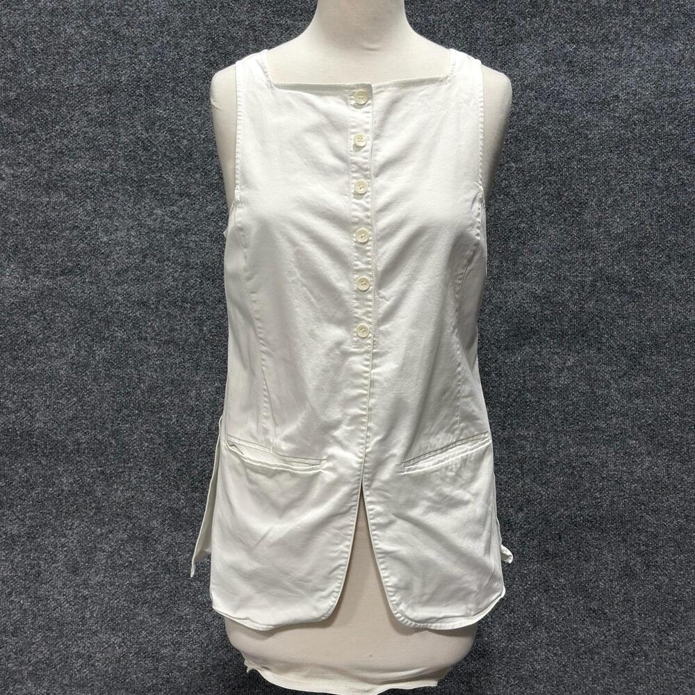 Tibi Tank Top Womens 8 White Square Neck Button Front Tunic Pockets Stretch